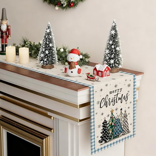 OTOSTAR Buffalo Plaid Christmas Table Runner 13x90in - Light Blue Snowflake Tree Holiday Farmhouse Kitchen Decor