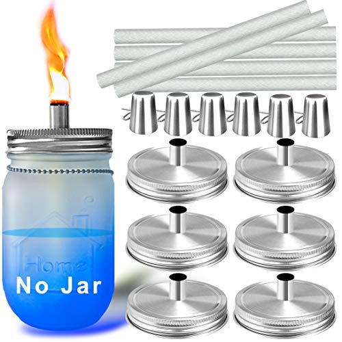 Mason Jar Tabletop Torch Kit - 6 Pack with Lids, Wicks & Caps