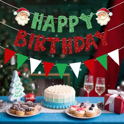 Christmas Birthday Banner, 2 Red/Green Banners with Triangle Pennant Garland