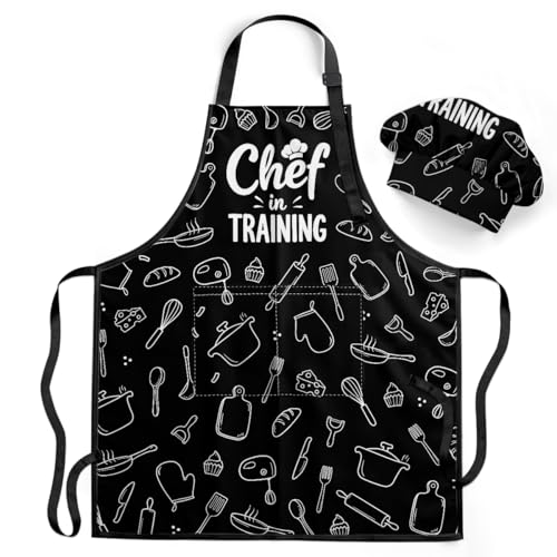 Kids Kitchen Apron and Chef Hat Set for Cooking and Baking