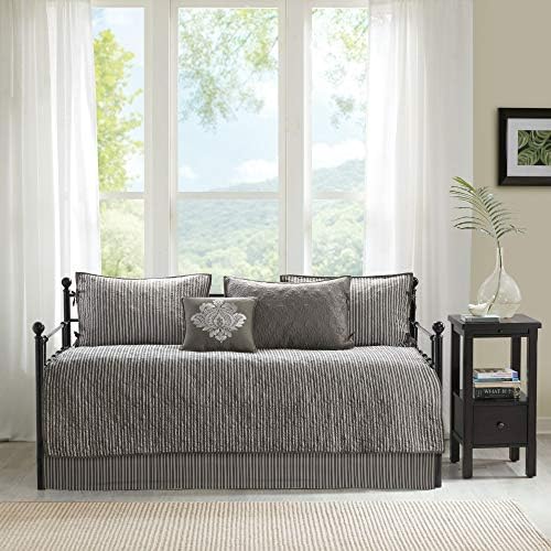 Reversible Daybed Cover Set - 6-Piece Quilted Cotton Bedding, Dark Grey