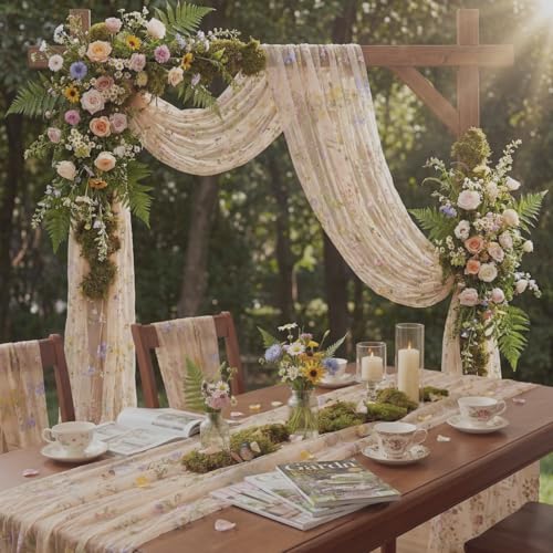 Champagne 6-Pack Floral Embroidered Table Runners 10ft Wedding Baby Shower 23.6 x 120 inches