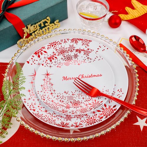 LIYH Red and White Christmas Dinnerware Set 150 Pcs Disposable Plates Cutlery Cups