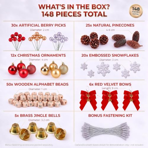 148-Piece Christmas Wreath Decorating Kit with Pine Cones Berries Snowflakes & Bows