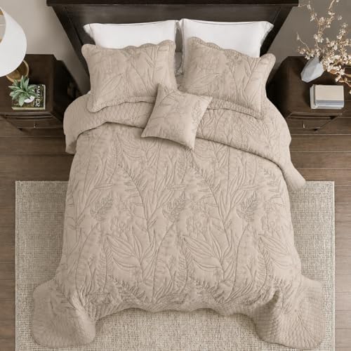 DaisyHuang Oversized King Quilt Bedspread Set - Taupe Leaf Stitching