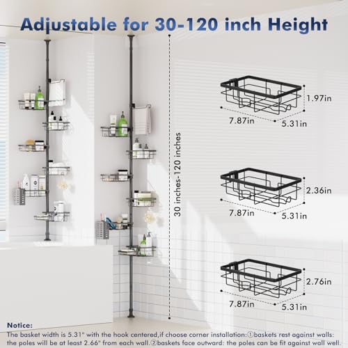 6-Tier Tension Pole Shower Caddy, Adjustable Corner Bathroom Storage Rack