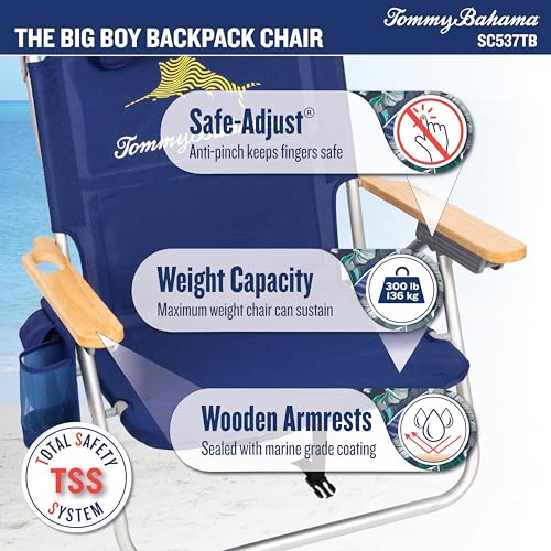 Wide Seat 4-Position Folding Backpack Beach Chair, 13-Inch High Seat, Navy