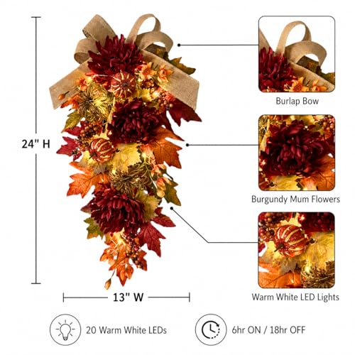 24-Inch Lighted Fall Teardrop Swag with Timer, Pumpkins and Burlap Bow