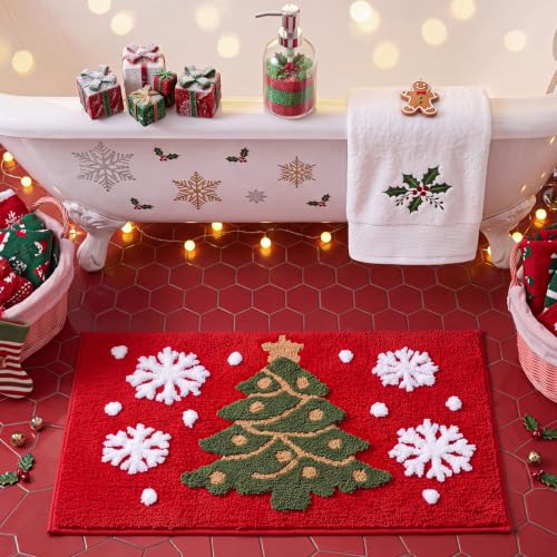 Lyrow Red 3D Christmas Bathroom Rug with Plush Tree Snowflake 31x20 inches