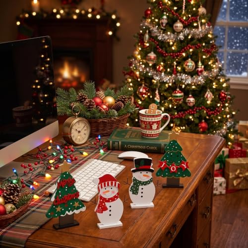DECSPAS Wooden Christmas Trees & Snowmen Set - Indoor Holiday Decor, 4 pcs, Christmas Table Centerpiece