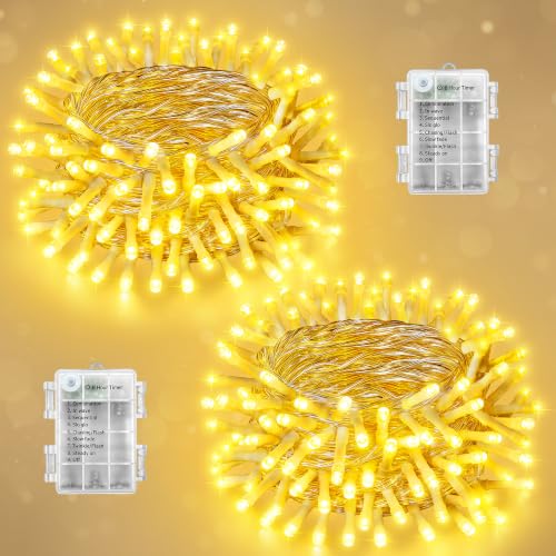 Battery Operated String Lights 200 LEDs Warm White Clear Wire - 2 Pack
