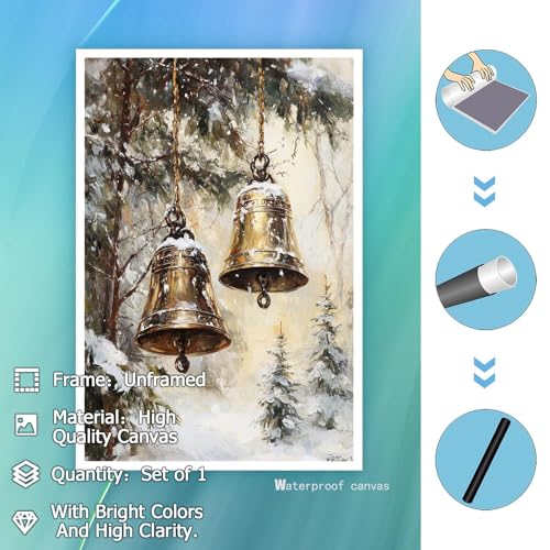ZETCGSH Vintage Christmas Jingle Bells Canvas Wall Art Print 12x16 Unframed