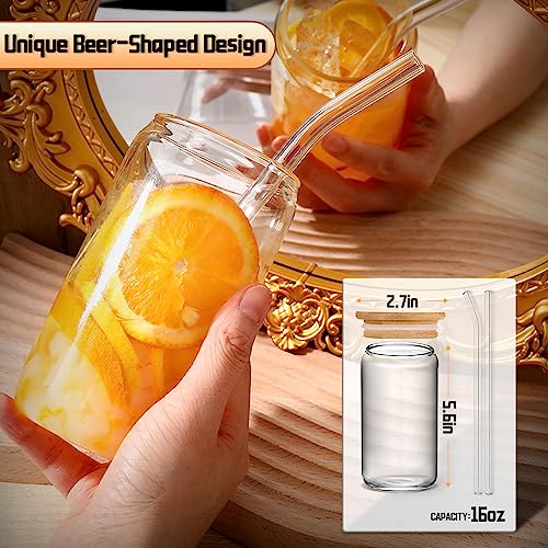 16oz Glass Cups with Bamboo Lids and Straws, Set of 4 Iced Coffee Tumblers