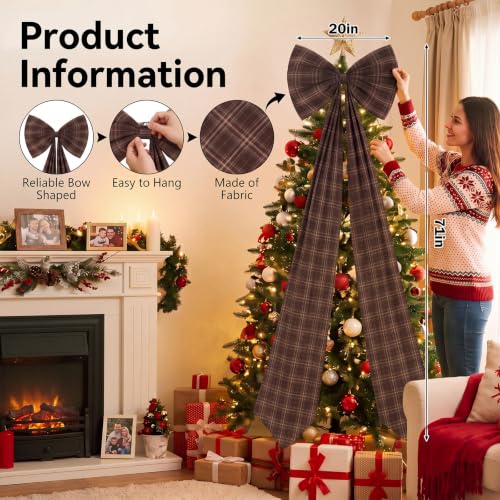 Norme 6 Ft Brown Tartan Plaid Christmas Tree Topper Bow - Large Holiday Decor