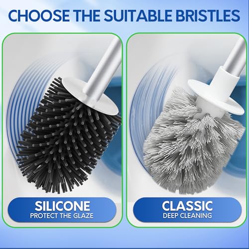 Silicone Toilet Brush and Holder Set with 16" Aluminum Handle & Tweezer - White