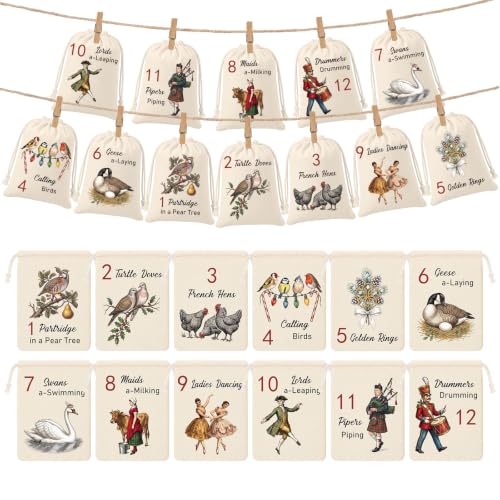 12 Pcs Christmas Countdown Advent Calendar Bags with Vintage Design & Setup Kit