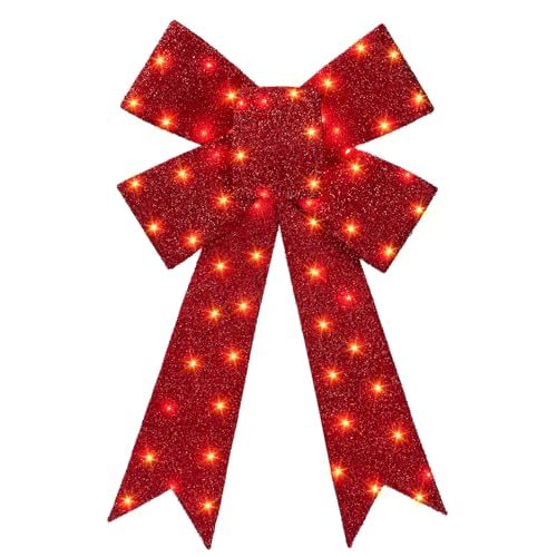 MARACOL 30 Inch Lighted Christmas Bow - Pre-lit Outdoor Holiday Decor with 75 LEDs & 8 Modes - Waterproof & Easy Hang, Red Christmas Bow (BOW Variant)