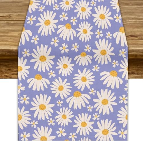 Daisy-2 W13 x L70 Table Runner – Purple Daisy Print, Cotton Linen, 13x70in