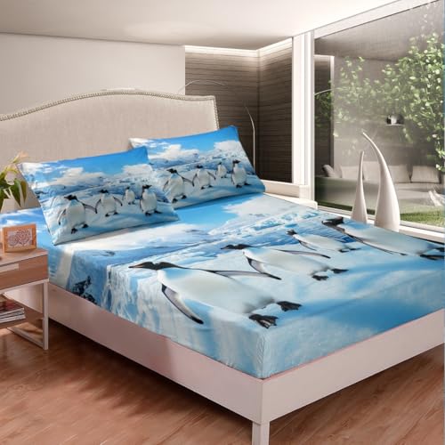 Manfei Blue Queen Fitted Sheet Set with Pillowcases, Cartoon Penguin Snow Mountain Bedding, Kids Girls Bedroom Decor, 60x80 Inches