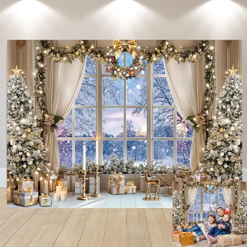 JSHENGZHYI 10x8FT Christmas Window Backdrop White Winter Snow Forest Scene Photo Background