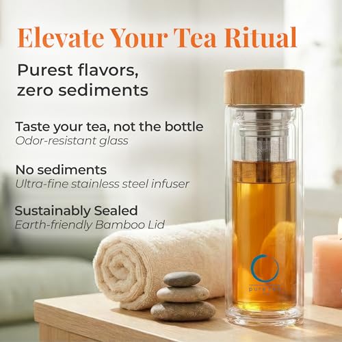 Pure Zen Tea Glass Infuser Bottle – Leakproof Travel Tea Tumbler with Stainless Steel Strainer, 15 oz