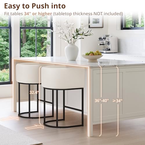 Modern Barrel Counter Height Bar Stools with Backrest, Set of 3, Beige Linen