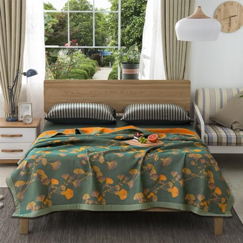 Reversible Ginkgo Quilt - Lightweight Cotton Muslin Bedspread, King Size