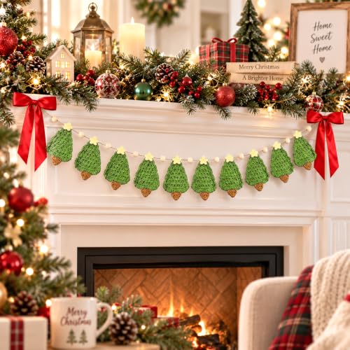 2 Pcs 6.7ft Crochet Christmas Tree Garland - Rustic Wood Bead Banner, LFUTARI