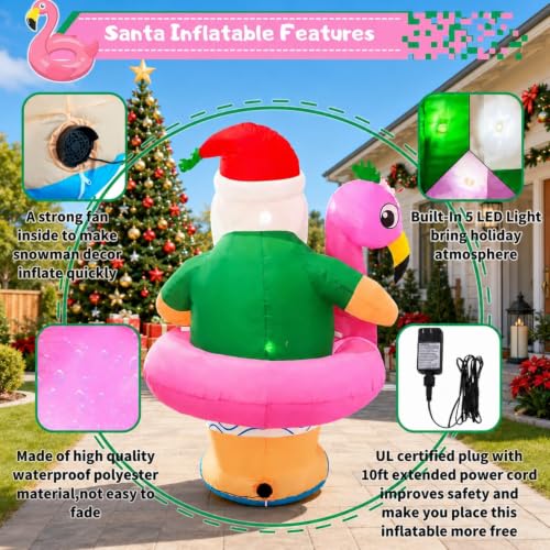 6ft Inflatable Santa Claus with Flamingo Ring Christmas Yard Decor Outdoor