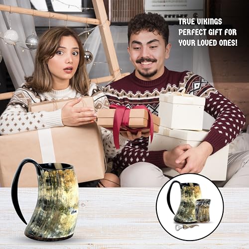 Handcrafted 16 oz Ox Horn Drinking Mug with Shot Glass and Bottle Opener