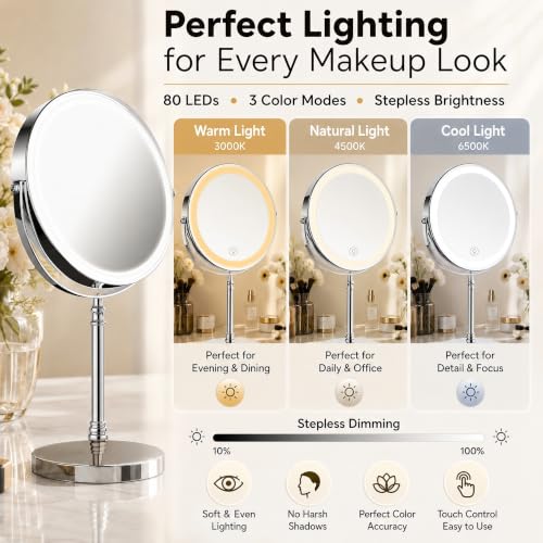 DEIOVWXS Makeup Mirror, Rechargeable Vanity Mirror with 3 Lights,