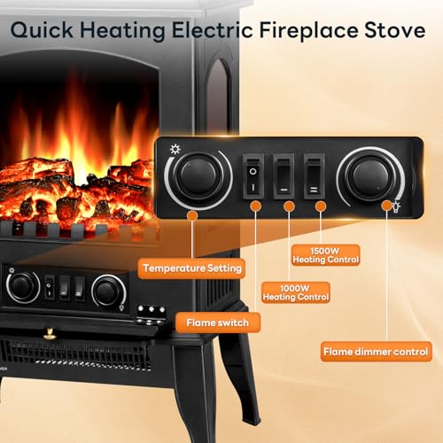 Electric Fireplace Stove with Realistic Flame & Dual Heat Settings