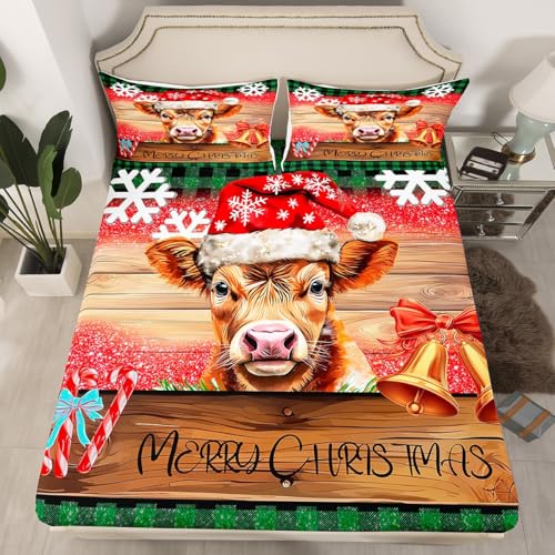 Manfei Christmas Cattle Queen Bedding Set with Flat Sheet & Pillowcases, 60x80 Deep Pocket Fitted, Brown-Red-Green