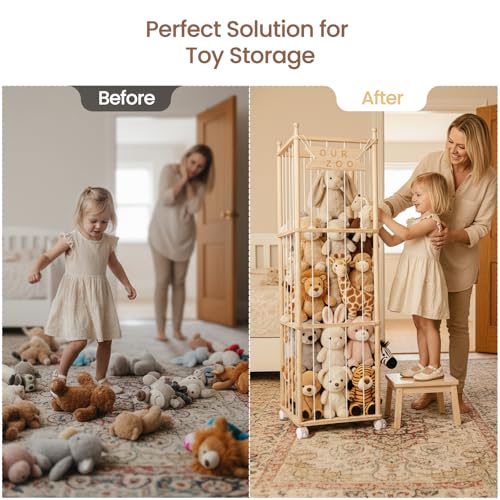 Wooden Stuffed Animal Storage with Wheels - Large Plush Toy Organizer