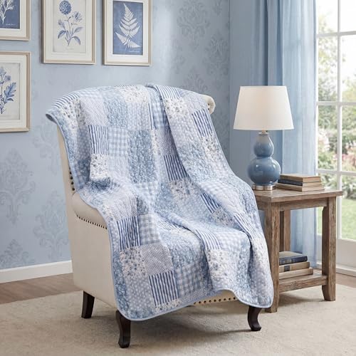 Blue Floral Patchwork Throw Blanket 50" x 60" Reversible Quilt