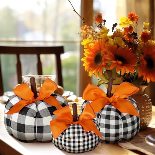 3-Piece Fabric Pumpkin Decor Set - Buffalo Plaid Farmhouse Fall Centerpiece