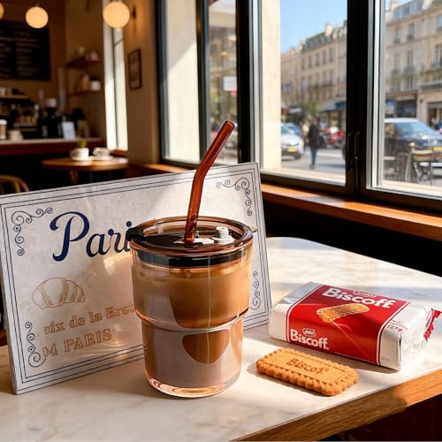 13oz Glass Iced Coffee Tumbler with Lid and Straw, 2-Piece Reusable Cup