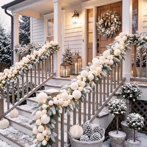 Thiccywoov Cream White 9 ft Velvet Ball Garland Ornament (Large 4in/10cm) – 3 Sizes, Indoor/Outdoor
