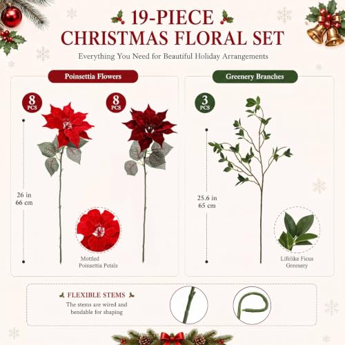 19-Piece 26in Christmas Poinsettia Flowers with Greenery Branches