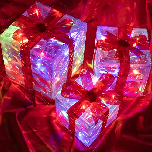 Hourleey Set of 3 Christmas Lighted Gift Boxes - Pre-lit Outdoor Indoor Holiday Decor