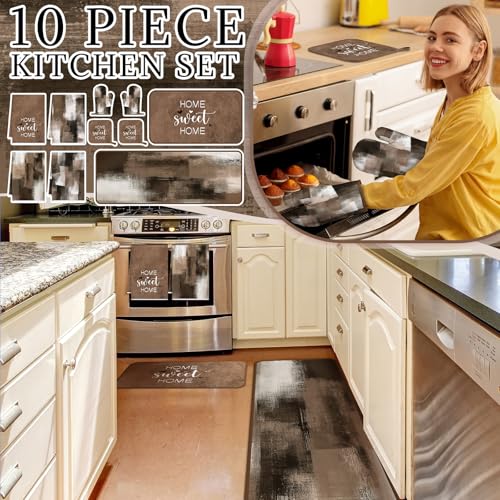 10-Piece Kitchen Decor Set: Oven Mitts, Pot Holders, Rugs, and Dish Towels