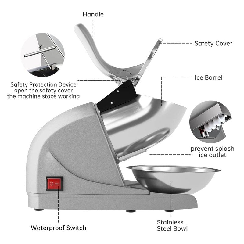 OKF Ice Shaver Prevent Splash Snow Cone Machine, Electric 3 Blades Shaved Ice Machine, 380W Ice Shaver Machine, 286lbs/hr Ice Crushers for Home Use, Ice Crusher with Free Ice Pick (Silver)