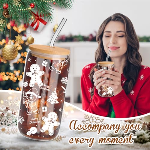 Yetene White Christmas Pattern Holiday Glass Cups Set 16oz with Lid & Straw