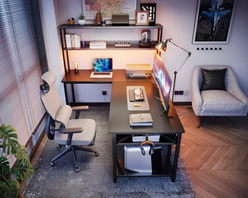 53-Inch L-Shaped Gaming Desk with Hutch, LED Lights, and Storage Shelves