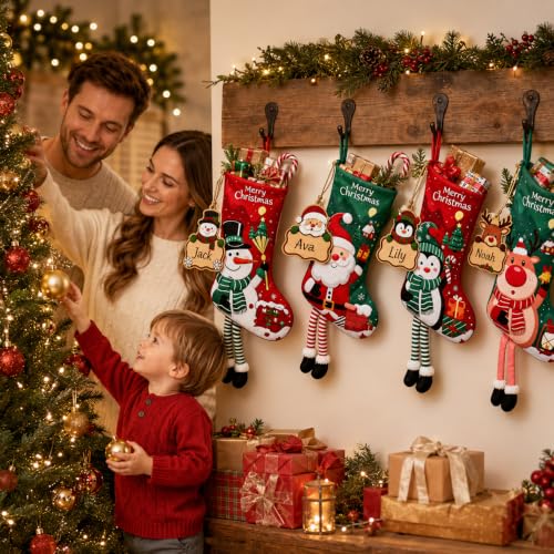 4Pack Large 18in Personalized Christmas Stockings with Wooden Name Tags - Red & Green