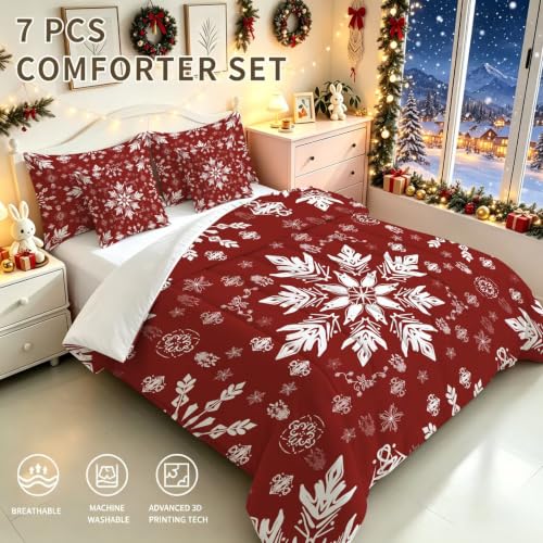 Red White Snowflake Twin Bedding Set - 5 Piece Bed in a Bag, Vintage Style, Model FUYEUN, Variation 02