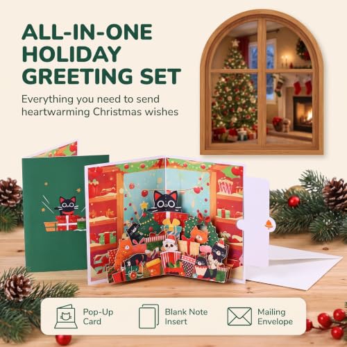 Christmas Cat 3D Pop Up Greeting Card with Envelope - Funny Holiday Card for Cat Lovers
