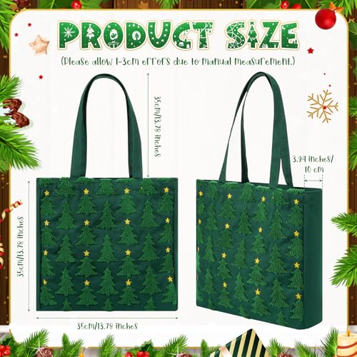 Christmas Embroidery Tote Bag with Green Xmas Tree Pattern, Reusable Canvas Bag