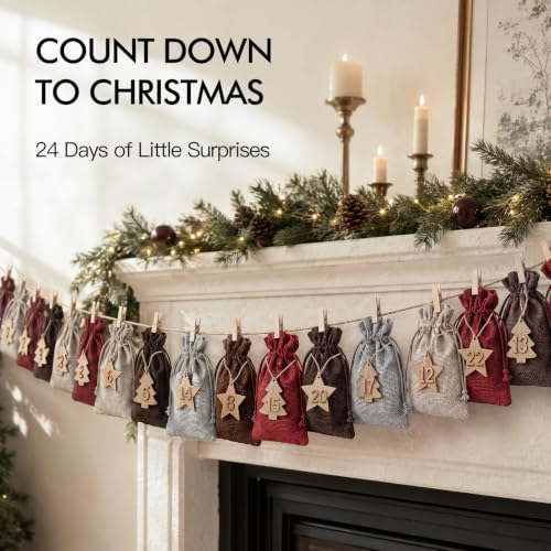 24-Pack Christmas Advent Calendar Gift Bags with Wooden Tags & Clips