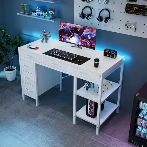 47-Inch Computer Desk with 6 Fabric Drawers & Storage Shelves - White